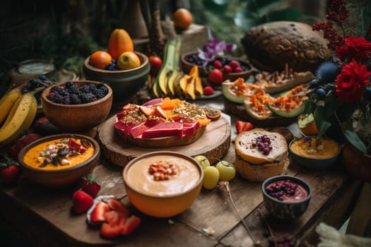 A vegan brunch buffet in a botanical garden (generative AI)