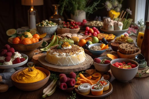 A vegan buffet in a meditation retreat center (generative AI)