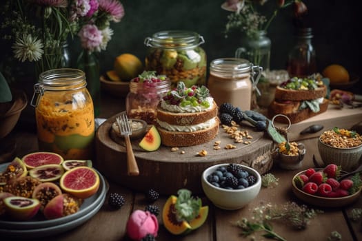 A vegan brunch buffet in a botanical garden (generative AI)