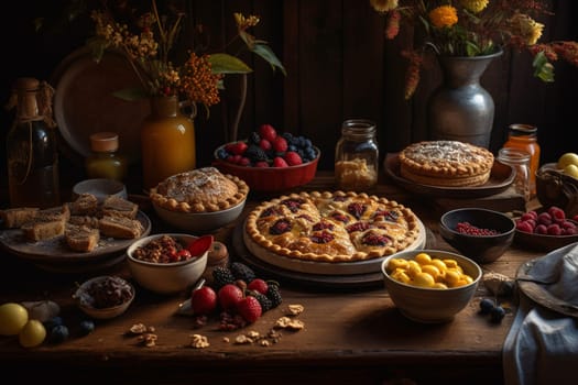 A Thanksgiving buffet with homemade pies and warm cider (generative AI)