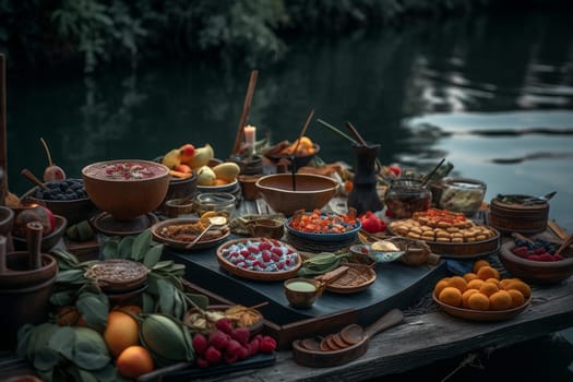 A vegan buffet by a peaceful river surrounded by nature (generative AI)