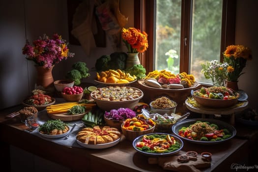 A vegan buffet in a meditation retreat center (generative AI)