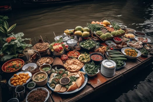 A vegan buffet by a peaceful river surrounded by nature (generative AI)
