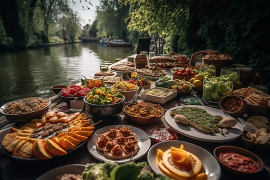 A vegan buffet by a peaceful river surrounded by nature (generative AI)
