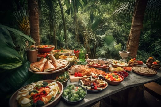 An exotic buffet under a bamboo canopy in a tropical garden (generative AI)