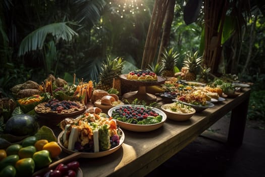 An exotic buffet under a bamboo canopy in a tropical garden (generative AI)