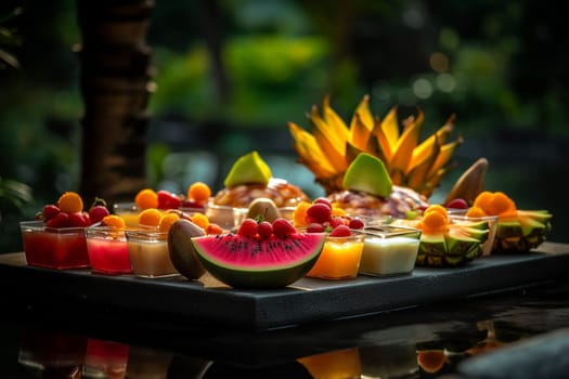 An exotic fruit buffet by the poolside (generative AI)