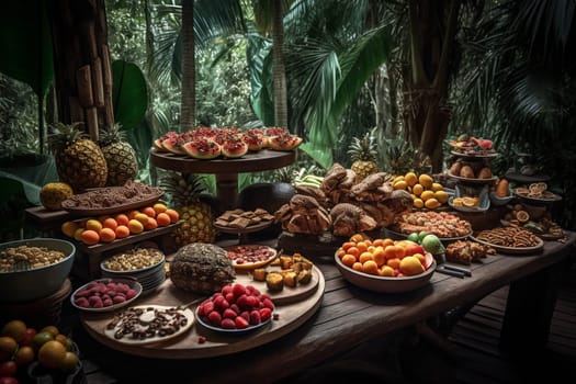 An exotic buffet under a bamboo canopy in a tropical garden (generative AI)