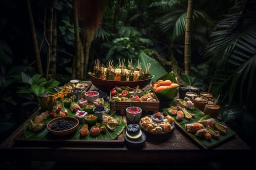 An exotic buffet under a bamboo canopy in a tropical garden (generative AI)