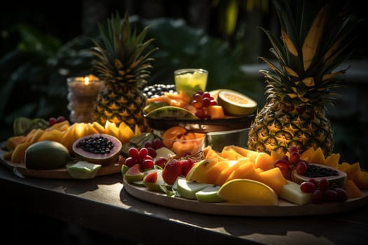 An exotic fruit buffet by the poolside (generative AI)