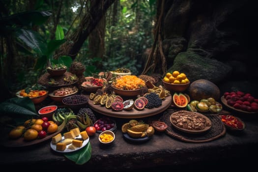 An exotic vegetarian buffet in the jungle (generative AI)