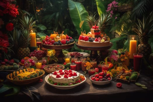 An exotic buffet in a tropical garden (generative AI)