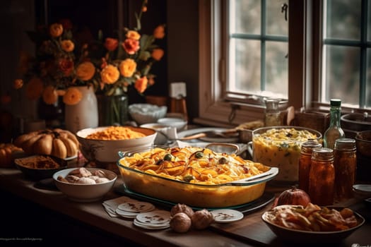 An elegant au gratin buffet at a wedding reception (generative AI)
