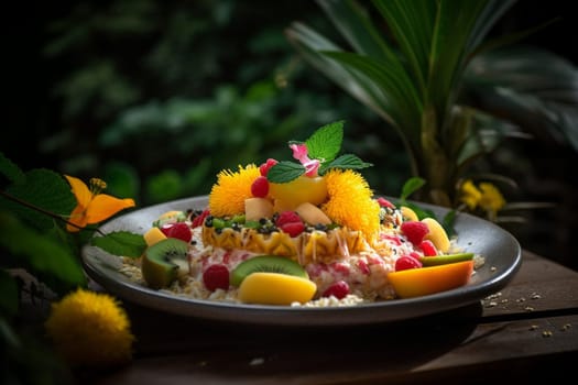 Fresh cut fruits paired with a hint of mint, on a table set in the midst of a lush garden. (generative AI)