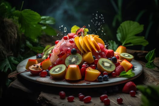 Fresh cut fruits paired with a hint of mint, on a table set in the midst of a lush garden. (generative AI)