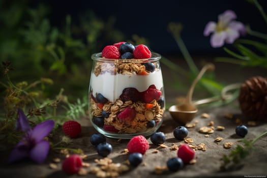 Crunchy granola parfait in a park (generative AI)