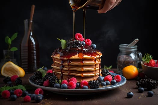 Yummy fluffy pancakes stacked up high and served with your favorite toppings for a perfect brunch (generative AI)
