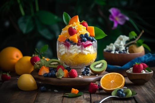Fresh cut fruits paired with a hint of mint, on a table set in the midst of a lush garden. (generative AI)