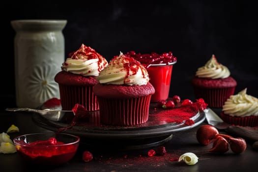 Delicious red velvet cupcakes with cream cheese frosting (generative AI)