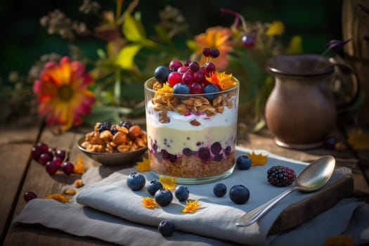Crunchy granola parfait in a park (generative AI)