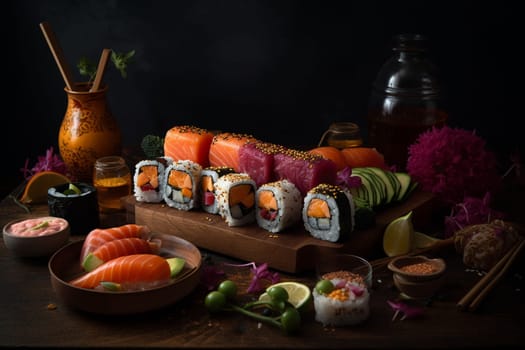 Beautiful and exotic sushi platter served for a romantic date night, perfect for sushi lovers and adventurous eaters (generative AI)
