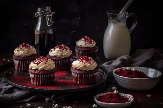 Delicious red velvet cupcakes with cream cheese frosting (generative AI)
