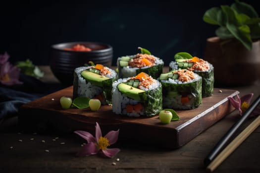 Fresh avocado and crunchy cucumber wrapped in sticky rice and seaweed (generative AI)
