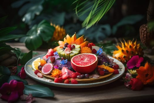 Fresh cut fruits paired with a hint of mint, on a table set in the midst of a lush garden. (generative AI)