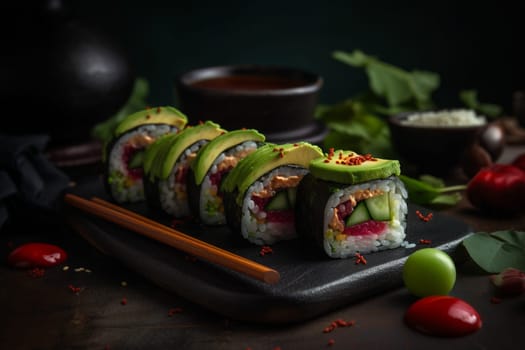 Fresh avocado and crunchy cucumber wrapped in sticky rice and seaweed (generative AI)