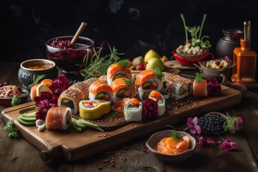 Beautiful and exotic sushi platter served for a romantic date night, perfect for sushi lovers and adventurous eaters (generative AI)