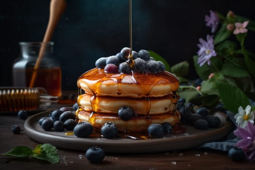 Thick and fluffy pancakes studded with juicy blueberries and drenched in syrup (generative AI)