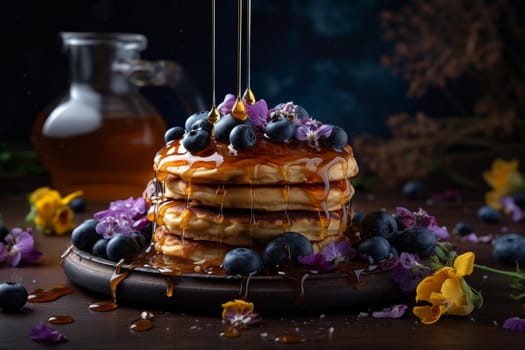 Thick and fluffy pancakes studded with juicy blueberries and drenched in syrup (generative AI)