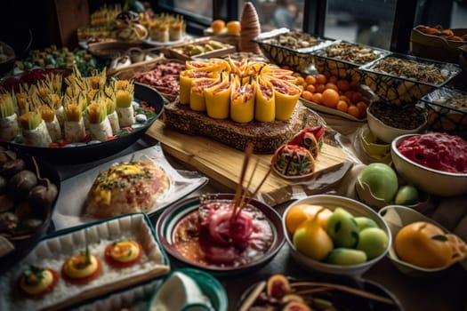 An international cuisine buffet at a university's cultural fair (generative AI)