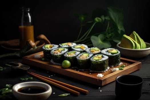Fresh avocado and crunchy cucumber wrapped in sticky rice and seaweed (generative AI)