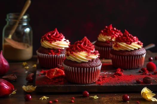 Delicious red velvet cupcakes with cream cheese frosting (generative AI)
