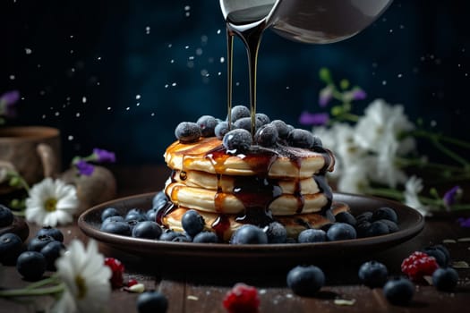 Thick and fluffy pancakes studded with juicy blueberries and drenched in syrup (generative AI)