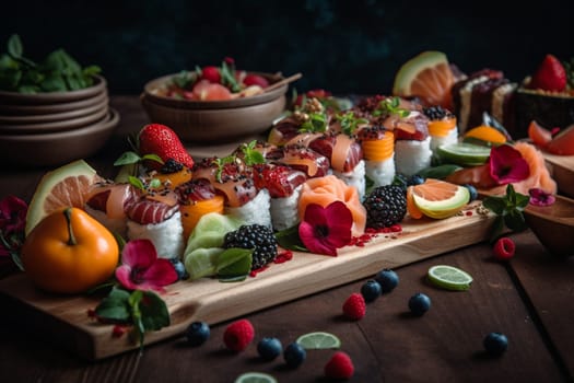 Beautiful and exotic sushi platter served for a romantic date night, perfect for sushi lovers and adventurous eaters (generative AI)