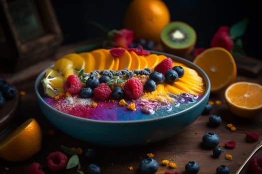 A refreshing smoothie bowl filled with colorful tropical fruits (generative AI)