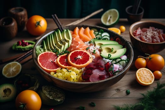 Fresh and colorful poke bowls filled with protein and yummy veggies, the perfect healthy lunch to fuel your day (generative AI)