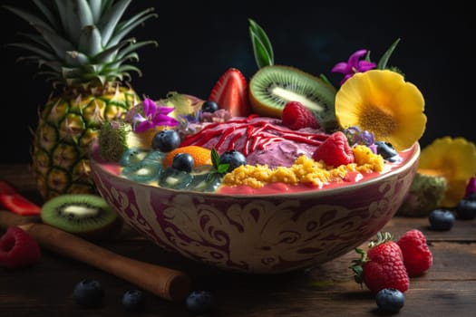 A refreshing smoothie bowl filled with colorful tropical fruits (generative AI)