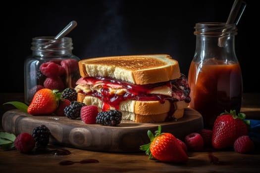 Layers of creamy peanut butter and sweet jelly sandwiched between slices of bread (generative AI)