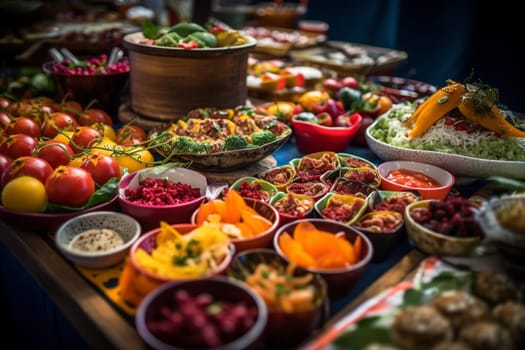 Savor an international buffet showcasing diverse cuisines at a cultural festival (generative AI)
