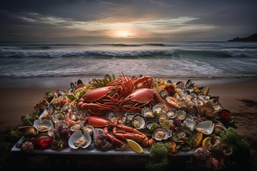 Indulge in a luxurious seafood buffet with stunning ocean views on the beach (generative AI)