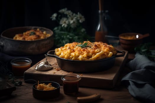 Comforting and indulgent mac and cheese, the perfect dish for a cozy night in with a movie (generative AI)