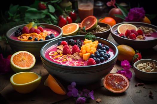 Colorful and nutrient-packed smoothie bowls served in a tropical paradise for the ultimate healthy and stunning breakfast (generative AI)