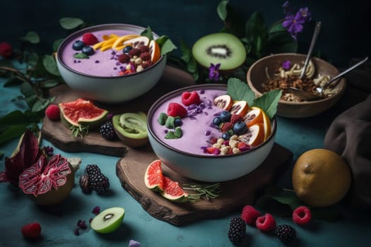 Colorful and nutrient-packed smoothie bowls served in a tropical paradise for the ultimate healthy and stunning breakfast (generative AI)