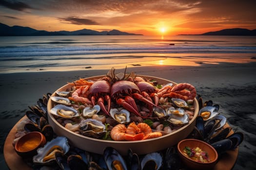Indulge in a luxurious seafood buffet with stunning ocean views on the beach (generative AI)