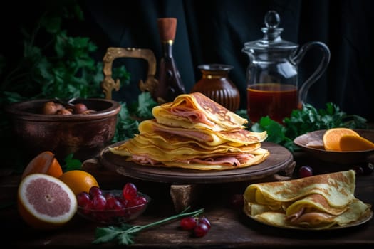 Thin crepes filled with salty ham and gooey melted cheese (generative AI)