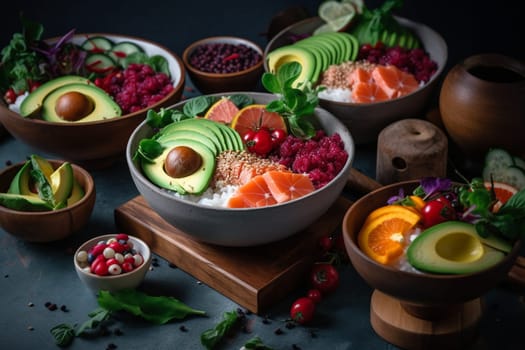 Fresh and colorful poke bowls filled with protein and yummy veggies, the perfect healthy lunch to fuel your day (generative AI)