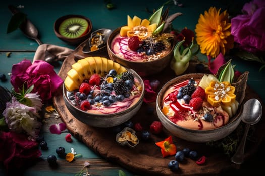 Colorful and nutrient-packed smoothie bowls served in a tropical paradise for the ultimate healthy and stunning breakfast (generative AI)